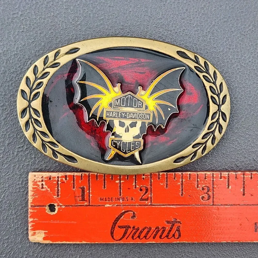 Vtg Harley Davidson Aminco Brass Belt Buckle Red Swirl Enamel Skull Bat Wings